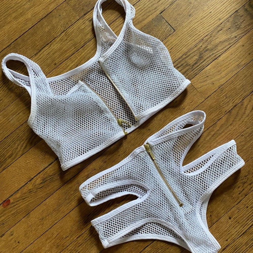 White Zip Up Fishnet Rave Set Size Medium - Picture 2 of 6